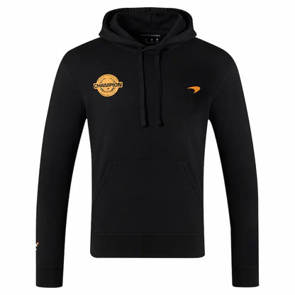 Black hoodie with orange branding on a white background