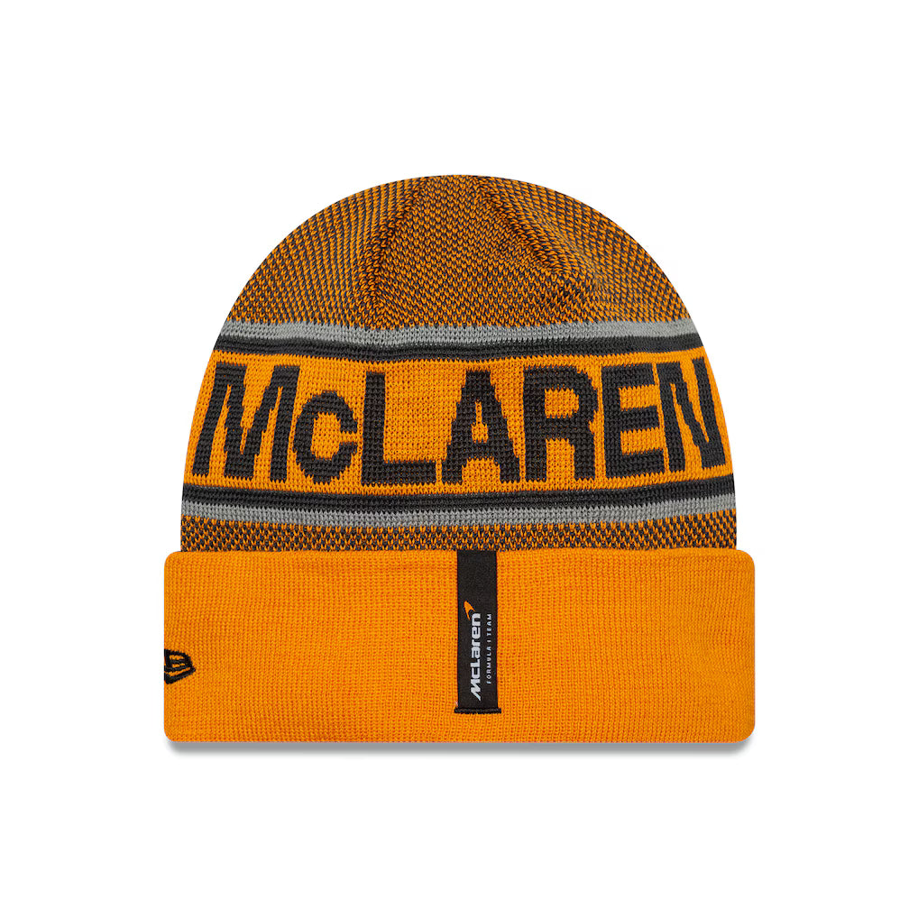 Papaya orange McLaren F1 beanie by New Era – Team cuff knit cap for racing fans