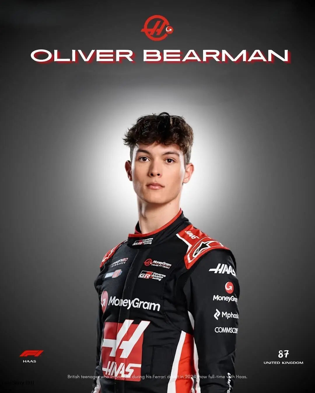 Oliver Bearman in the 2025 Haas F1 racing suit, representing Britain with car number 50