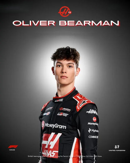 Front view of Oliver Bearman MoneyGram Haas F1 Team 2025 replica race suit with full branding.