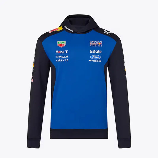 Front view of Red Bull Racing 2026 hoodie with 'ORACLE Racing', 'TAG Heuer', and 'Mobil 1' logos on the chest.