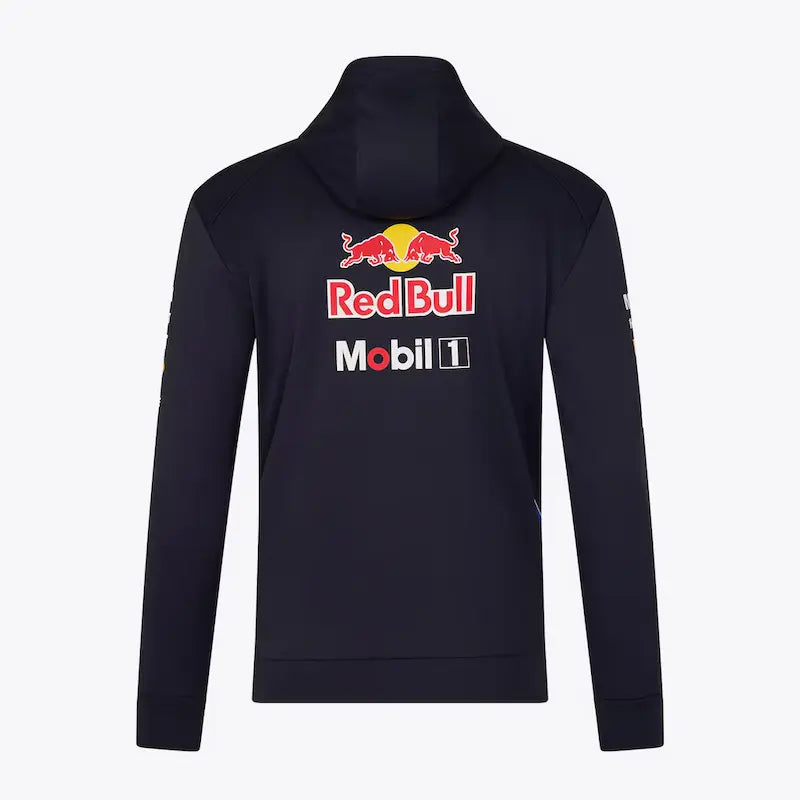 Back view of hoodie showing large 'Red Bull' logo and 'Mobil 1' branding.