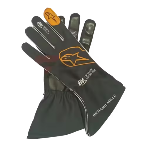 Black racing glove with orange logo on a transparent background