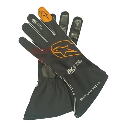 Front view of Oscar Piastri McLaren 2025 replica race gloves showing finger grips and sponsor logos.