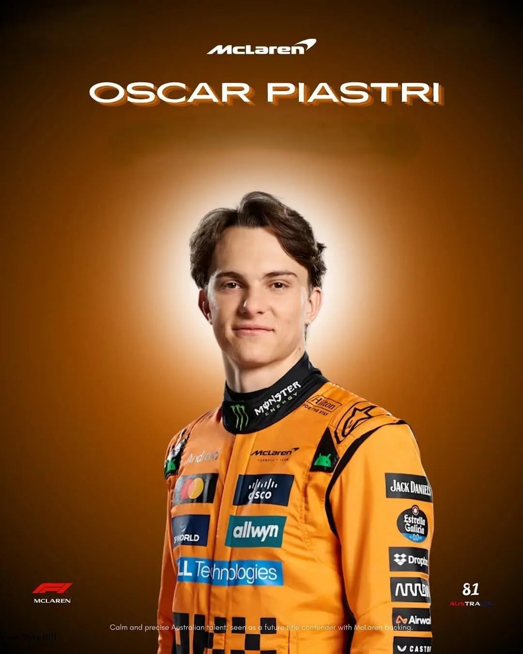 Oscar Piastri wearing the 2025 McLaren F1 Team suit in signature papaya orange, featuring his #81 race 