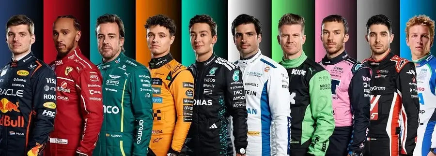 Row of Formula 1 drivers in racing suits with various sponsors against a colorful background