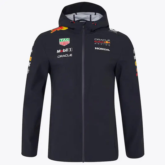 Front view of Red Bull Racing 2025 water resistant jacket with full zip and chest logo.