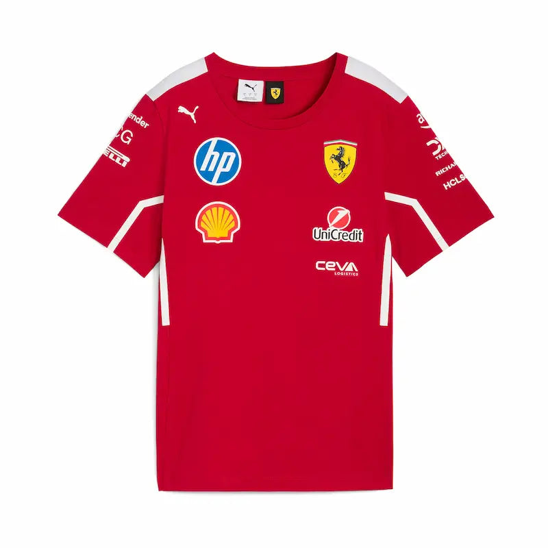 Red sports jersey with various logos on a white background