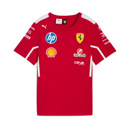 Red sports jersey with various logos on a white background