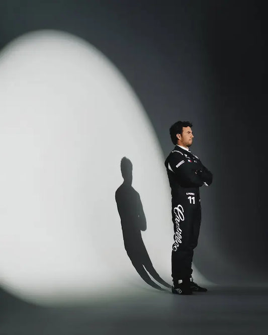 Front view of Sergio Perez Cadillac F1 Team replica suit with team livery.

