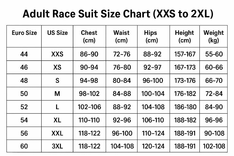 Size chart for adult race suits with Euro, US, and measurement conversions.
