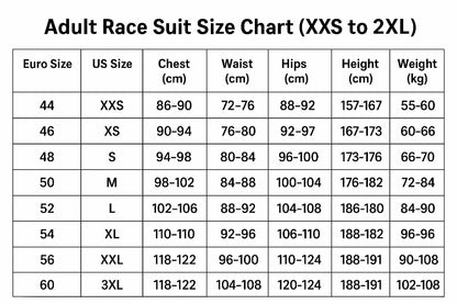 Size chart for adult race suits with Euro, US, and measurement conversions.
