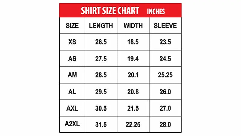 Shirt size chart with measurements in inches on a white background