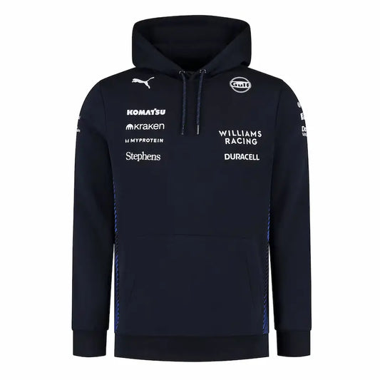 Navy blue hoodie with various sponsor logos on a white background